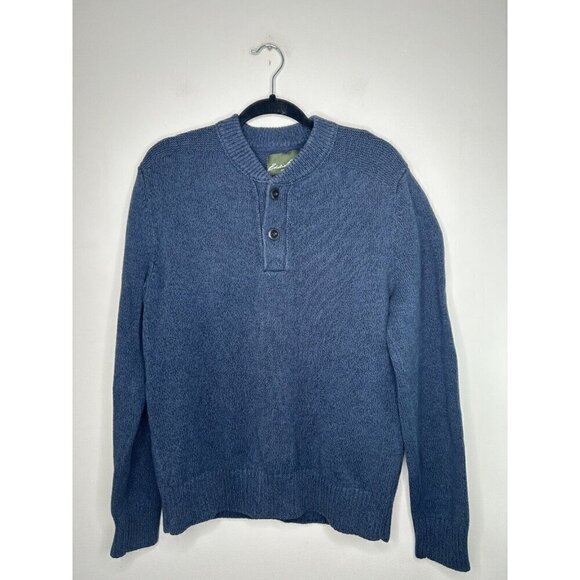 Eddie Bauer Sweater Men's Blue Tight Knit Button Cotton 90s Vintage Size Large - Picture 2 of 10